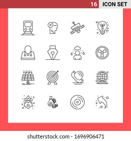 Paquete de 16 símbolos y símbolos de líneas de corte modernas para medios de impresión en la Web, como bombillas; espacio; humanos; radar; elementos de diseño de vectores editables por satélite