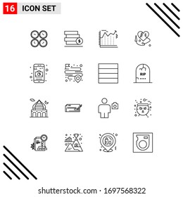 Pack of 16 Modern Outlines Signs and Symbols for Web Print Media such as heartm heart; sewing heart; stack; economics; banking Editable Vector Design Elements