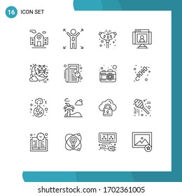 Pack of 16 Modern Outlines Signs and Symbols for Web Print Media such as night; halloween; sausage; webcam; technology Editable Vector Design Elements
