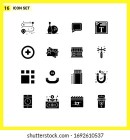 Pack of 16 Modern Solid Glyphs Signs and Symbols for Web Print Media such as card; add; comment; media; font design Editable Vector Design Elements