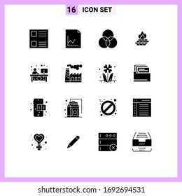 Pack of 16 Modern Solid Glyphs Signs and Symbols for Web Print Media such as desk; clerk; wheel; security; firewall Editable Vector Design Elements