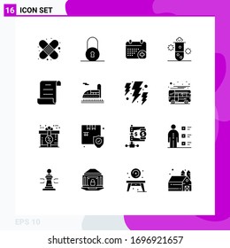 Pack of 16 Modern Solid Glyphs Signs and Symbols for Web Print Media such as script; document; date; thermal energy; radioactivity Editable Vector Design Elements