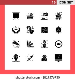 Pack of 16 Modern Solid Glyphs Signs and Symbols for Web Print Media such as give; farming; marketing; agriculture; pharmacy Editable Vector Design Elements