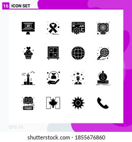 Pack of 16 Modern Solid Glyphs Signs and Symbols for Web Print Media such as sweets; muffins; api concept; cup cake; fan Editable Vector Design Elements