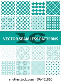 Pack of 16 turquoise vector seamless patterns: abstract, vintage, technology and geometric. Vector illustration