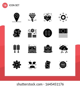 Paquete de 16 iconos de glifo universales para medios impresos en fondo blanco.
