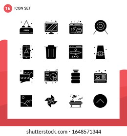 Paquete de 16 iconos de glifo universales para medios impresos en fondo blanco.