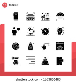 Paket mit 16 universellen Glyphe-Symbolen für Printmedien auf weißem Hintergrund.