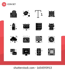 Pack of 16 Universal Glyph Icons for Print Media on White Background.