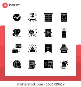 Pack of 16 Universal Glyph Icons for Print Media on White Background.
