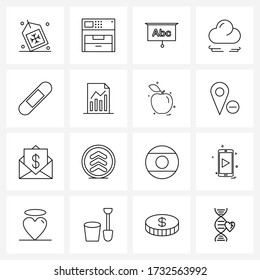 Pack of 16 Universal Line Icons for Web Applications medicine; band aid; presentation; plaster; cloud Vector Illustration
