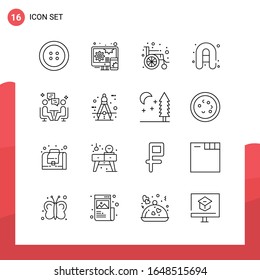 Paquete de 16 iconos de esquema universal para medios impresos en fondo blanco.