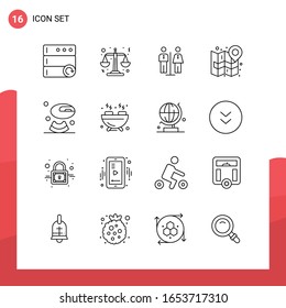 Pack of 16 Universal Outline Icons for Print Media on White Background.