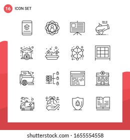 Pack of 16 Universal Outline Icons for Print Media on White Background.