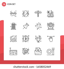 Pack of 16 Universal Outline Icons for Print Media on White Background.