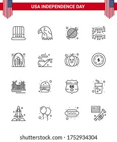 Paquete de 16 carteles de las líneas de celebración del Día de la Independencia de Estados Unidos y símbolos del 4 de julio, tales como garland; decoración; alimentos; accesorios; Elementos de diseño de vectores para el Día USA editables por fiestas