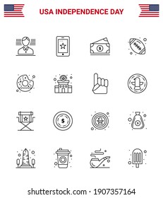 Pack of 16 USA Independence Day Celebration Lines Signs and 4th July Symbols such as yummy; donut; money; american ball; rugby Editable USA Day Vector Design Elements
