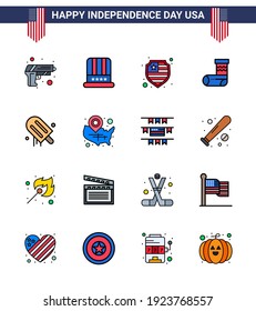 Pack of 16 USA Independence Day Celebration Flat Filled Lines Signs und 4. Juli Symbole wie American; Eis, amerikanisch; Geschenk; Weihnachten Bearbeitbare US-Day-Vektordesign-Elemente