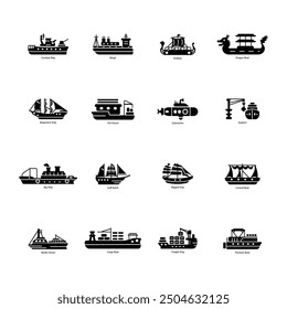 Pack of 16 Water Travel Solid Icons 

