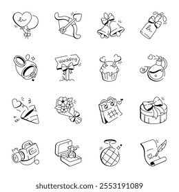 Pack of 16 Wedding Accessories Doodle Icons 

