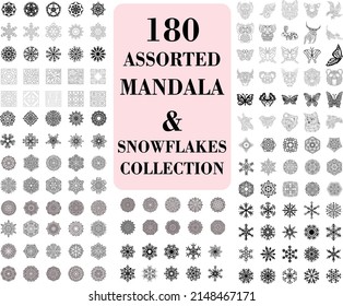 Pack Of 180 Assorted Snowflakes And Mandala Collection, Tattoo, Vintage, Abstract