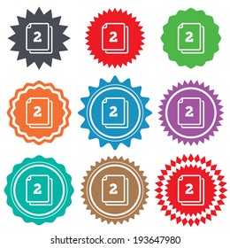 In pack 2 sheets sign icon. 2 papers symbol. Stars stickers. Certificate emblem labels. Vector