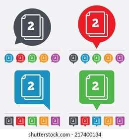 In pack 2 sheets sign icon. 2 papers symbol. Speech bubbles information icons. 24 colored buttons. Vector