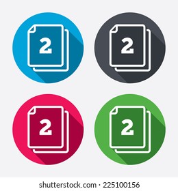 In pack 2 sheets sign icon. 2 papers symbol. Circle buttons with long shadow. 4 icons set. Vector