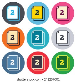 In pack 2 sheets sign icon. 2 papers symbol. Colored round buttons. Flat design circle icons set. Vector