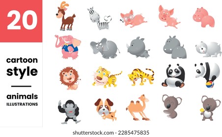 Pack of 20 cartoon style animals illustrations in vector