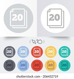 In pack 20 sheets sign icon. 20 papers symbol. Round 12 circle buttons. Shadow. Hand cursor pointer. Vector