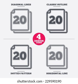 In pack 20 sheets sign icon. 20 papers symbol. Diagonal and horizontal lines, classic outline, dotted texture. Pattern design icons.  Vector