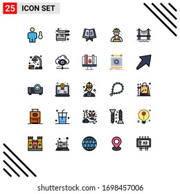 Pack of 25 creative Filled line Flat Colors of city; bridge; knife; worker; builder Editable Vector Design Elements