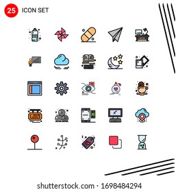Pack of 25 creative Filled line Flat Colors of graph; office table; patch; lamp; plane Editable Vector Design Elements