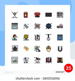 Pack of 25 creative Filled line Flat Colors of browser; type; popcorn; keyboard; love Editable Vector Design Elements
