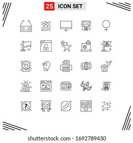 Pack of 25 creative Lines of female; hoop; computers; basketball; monitor Editable Vector Design Elements