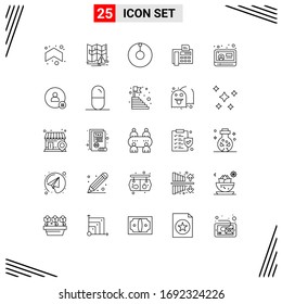 Pack of 25 creative Lines of follow; video; zenith; play; fax machine Editable Vector Design Elements