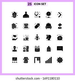 Pack of 25 creative Solid Glyphs of camp; navigation; health; arrow; cleaning Editable Vector Design Elements