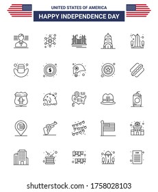 Pack of 25 creative USA Independence Day related Lines of monument; usa; gate; building; usa Editable USA Day Vector Design Elements