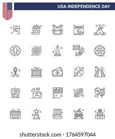 Pack of 25 creative USA Independence Day related Lines of camp; tent free; building; day; calendar Editable USA Day Vector Design Elements