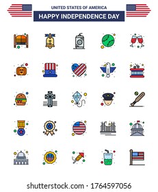 Pack of 25 creative USA Independence Day related Flat Filled Lines of beer; states; usa; baseball; usa Editable USA Day Vector Design Elements