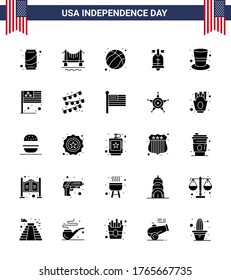 Pack of 25 creative USA Independence Day related Solid Glyph of cap; usa; american; american; ball Editable USA Day Vector Design Elements