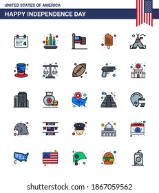 Pack of 25 creative USA Independence Day related Flat Filled Lines of camp; tent free; flag; ice cream; cream Editable USA Day Vector Design Elements