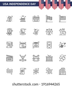 Pack of 25 creative USA Independence Day related Lines of united; flag; cinema; usa; flag Editable USA Day Vector Design Elements