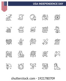 Pack of 25 creative USA Independence Day related Lines of money; location pin; american; wisconsin; states Editable USA Day Vector Design Elements