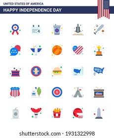 Pack of 25 creative USA Independence Day related Flats of bat; usa; beverage; transport; rocket Editable USA Day Vector Design Elements
