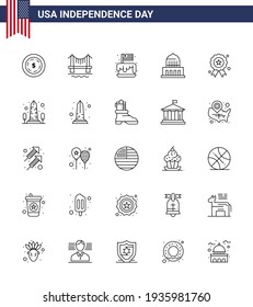 Paquete de 25 líneas de independencia creativas relacionadas con el Día de la Independencia de Estados Unidos; ee.uu. torta; punto de referencia; materiales editables de diseño de vectores de USA Day