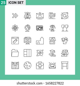 Paket mit 25 Line Style Icon Set. Umrisssymbole für den Druck. Kreative Zeichen einzeln auf weißem Hintergrund. 25 Symbolsatz.