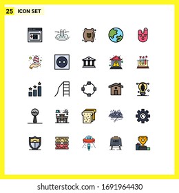 Paquete de 25 símbolos y símbolos modernos de color plano de línea rellena para medios de impresión en la Web, como la cara; animal; harina; geografía; elementos de diseño de vectores editables en tierra