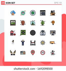 Packung mit 25 modernen, gefüllten Flachfarben Zeichen und Symbole für Web-Printmedien wie Bleistift; Inhaber; Bakterien; Website; Design-Elemente für die bearbeitbare Vektorillustration